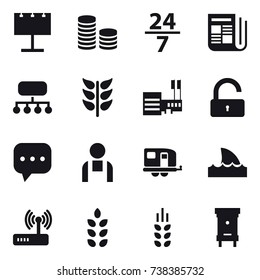 16 vector icon set : billboard, coin stack, 24/7, newspaper, structure, mall, unlock, trailer, shark flipper, spikelets, hive