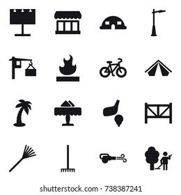 16 vector icon set : billboard, market, dome house, outdoor light, bike, tent, palm, restaurant, golf, farm fence, rake, blower, garden cleaning