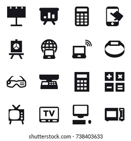 16 vector icon set : billboard, presentation, calculator, touch, notebook globe, notebook wireless, smart bracelet, smart glasses, market scales, tv