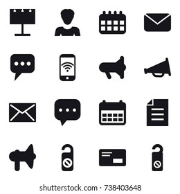 16 vector icon set : billboard, woman, calendar, mail, message, phone wireless, megafon, loudspeaker, do not distrub