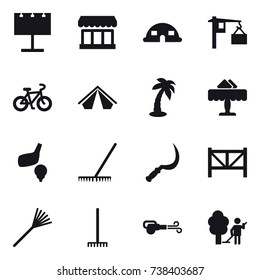 16 vector icon set : billboard, market, dome house, bike, tent, palm, restaurant, golf, rake, sickle, farm fence, blower, garden cleaning