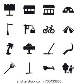 16 vector icon set : billboard, market, dome house, outdoor light, bike, tent, palm, restaurant, rake, sickle, blower, garden cleaning