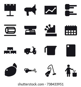 16 vector icon set : billboard, loudspeaker, statistic, diagram, nanotube, market scales, cashbox, block wall, measuring cup, cutting board, blower, vacuum cleaner, garbage bin