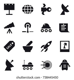 16 vector icon set : billboard, globe, satellite, satellite antenna, telescope, laser, lunar rover, shopping list, sale label, photo