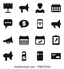 16 vector icon set : billboard, loudspeaker, woman, calendar, message, money message, phone wireless, megafon, do not distrub, fridge
