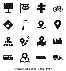 16 vector icon set : billboard, shop signboard, singlepost, bike, under construction, outdoor light, train, bus, map, sweeper