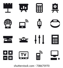 16 vector icon set : billboard, presentation, calculator, notebook globe, notebook wireless, smartwatch, smart bracelet, market scales, scales, equalizer, tv