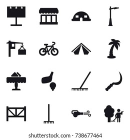 16 vector icon set : billboard, market, dome house, outdoor light, bike, tent, palm, restaurant, golf, rake, sickle, farm fence, blower, garden cleaning