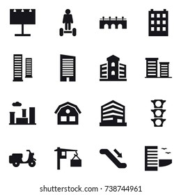 16 vector icon set : billboard, hoverboard, bridge, building, skyscrapers, skyscraper, district, city, house, escalator, hotel