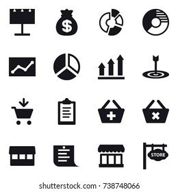 16 vector icon set : billboard, money bag, circle diagram, statistic, diagram, graph up, target, add to cart, clipboard, add to basket, delete cart, market, shopping list, store signboard