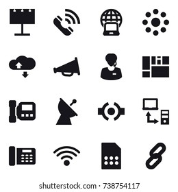 16 vector icon set : billboard, call, notebook globe, round around, cloude service, loudspeaker, intercome, satellite antenna