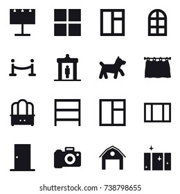 16 vector icon set : billboard, window, arch window, vip fence, detector, dog, curtain, dresser, rack, door, barn, clean  window