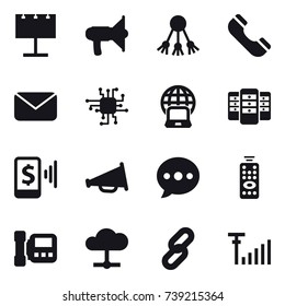 16 vector icon set : billboard, loudspeaker, share, phone, mail, chip, notebook globe, server, mobile pay, ballon, remote control, intercome