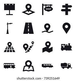 16 vector icon set : billboard, pointer, shop signboard, singlepost, outdoor light, train, bus, map, sweeper