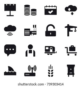 16 vector icon set : billboard, coin stack, calendar, cloude service, cloud wireless, mall, unlock, tower crane, trailer, baggage trolley, shark flipper, spikelets, hive