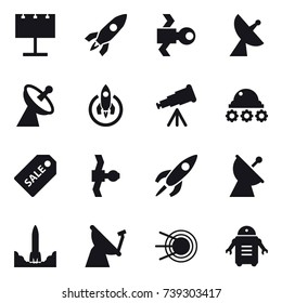 16 vector icon set : billboard, rocket, satellite, satellite antenna, telescope, lunar rover, sale label