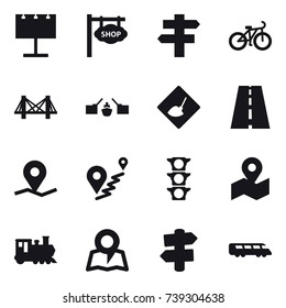 16 vector icon set : billboard, shop signboard, singlepost, bike, bridge, drawbridge, under construction, train, map, signpost