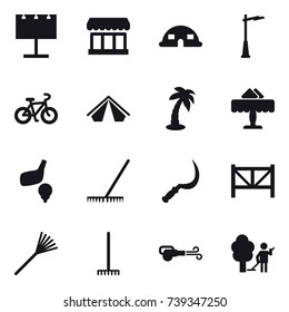 16 vector icon set : billboard, market, dome house, outdoor light, bike, tent, palm, restaurant, golf, rake, sickle, farm fence, blower, garden cleaning