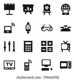 16 vector icon set : billboard, presentation, notebook globe, notebook wireless, smartwatch, smart glasses, scales, equalizer, calculator, tv