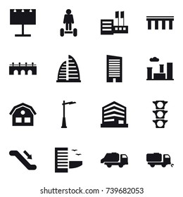 16 vector icon set : billboard, hoverboard, store, bridge, skyscraper, city, house, outdoor light, escalator, hotel, trash truck, sweeper