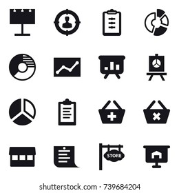 16 vector icon set : billboard, target audience, clipboard, circle diagram, statistic, presentation, diagram, add to basket, delete cart, market, shopping list, store signboard
