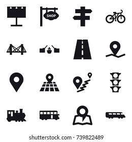 16 vector icon set : billboard, shop signboard, singlepost, bike, bridge, drawbridge, train, bus, map