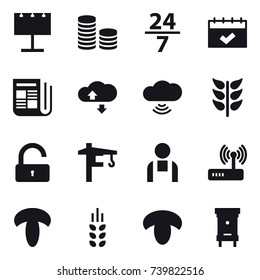 16 vector icon set : billboard, coin stack, 24/7, calendar, newspaper, cloude service, cloud wireless, unlock, tower crane, spikelets, mushroom, hive