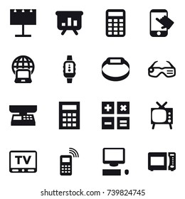 16 vector icon set : billboard, presentation, calculator, touch, notebook globe, smartwatch, smart bracelet, smart glasses, market scales, tv