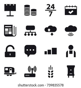 16 vector icon set : billboard, coin stack, 24/7, calendar, newspaper, structure, cloude service, cloud wireless, unlock, trailer, spikelets, hive