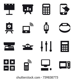 16 vector icon set : billboard, presentation, calculator, touch, notebook wireless, smartwatch, smart bracelet, market scales, scales, equalizer