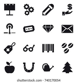 16 vector icon set : billboard, gear, pencil, investment, laser, ticket, diamond, mail, coffee seeds, apple, horseshoe, watering can, spruce