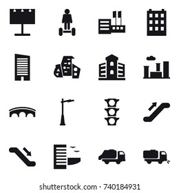 16 vector icon set : billboard,  store, building, skyscraper, modern architecture, city, bridge, outdoor light, escalator, hotel, trash truck, sweeper