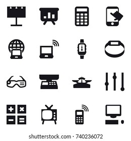 16 vector icon set : billboard, presentation, calculator, touch, notebook globe, notebook wireless, smartwatch, smart bracelet, smart glasses, market scales, scales, equalizer, tv