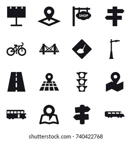 16 vector icon set : billboard, pointer, shop signboard, singlepost, bike, bridge, under construction, outdoor light, bus, map, signpost