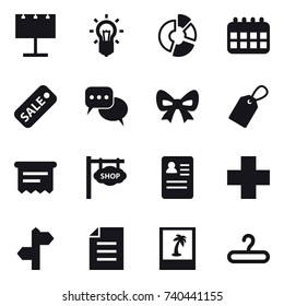16 vector icon set : billboard, bulb, circle diagram, calendar, sale, discussion, bow, label, atm receipt, shop signboard, photo, hanger