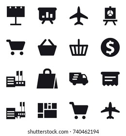 16 vector icon set : billboard, presentation, plane, cart, basket, dollar coin, store, shopping bag, delivery, atm receipt, mall, airplane
