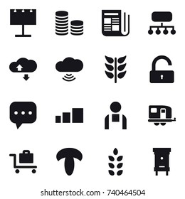 16 vector icon set : billboard, coin stack, newspaper, structure, cloude service, cloud wireless, unlock, trailer, baggage trolley, spikelets, hive