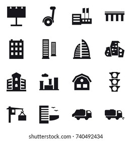 16 vector icon set : billboard, segway, store, bridge, building, skyscrapers, skyscraper, modern architecture, city, house, hotel, trash truck, sweeper