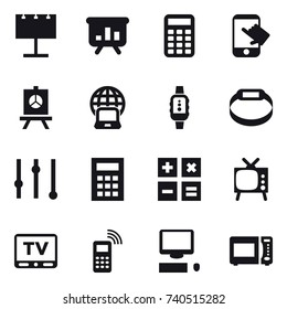 16 vector icon set : billboard, presentation, calculator, touch, notebook globe, smartwatch, smart bracelet, equalizer, tv