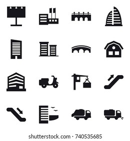 16 vector icon set : billboard, store, bridge, skyscraper, district, house, escalator, hotel, trash truck, sweeper