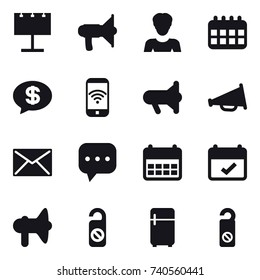 16 vector icon set : billboard, loudspeaker, woman, calendar, money message, phone wireless, megafon, mail, do not distrub, fridge