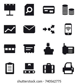 16 vector icon set : billboard, search document, card, coin stack, statistic, mail, core splitting, phone wireless, market, atm receipt, suitcase