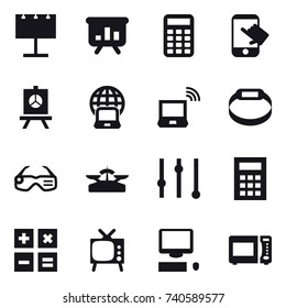 16 vector icon set : billboard, presentation, calculator, touch, notebook globe, notebook wireless, smart bracelet, smart glasses, scales, equalizer, tv