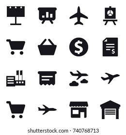 16 vector icon set : billboard, presentation, plane, cart, basket, dollar coin, account balance, store, atm receipt, journey, shop, garage