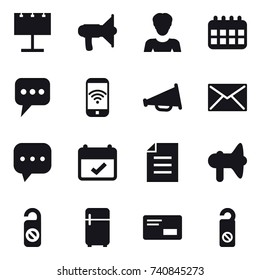 16 vector icon set : billboard, loudspeaker, woman, calendar, message, phone wireless, mail, do not disturb, fridge