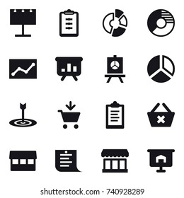 16 vector icon set : billboard, clipboard, circle diagram, statistic, presentation, diagram, target, add to cart, delete cart, market, shopping list