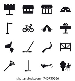 16 vector icon set : billboard, market, dome house, outdoor light, bike, tent, restaurant, golf, rake, sickle, farm fence, blower, garden cleaning