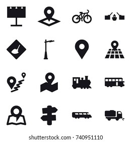 16 vector icon set : billboard, pointer, bike, drawbridge, under construction, outdoor light, train, bus, map, signpost, sweeper