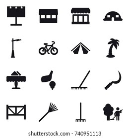16 vector icon set : billboard, market, dome house, outdoor light, bike, tent, palm, restaurant, golf, rake, sickle, farm fence, garden cleaning
