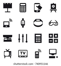 16 vector icon set : billboard, calculator, touch, presentation, notebook wireless, smartwatch, smart bracelet, smart glasses, market scales, equalizer, tv